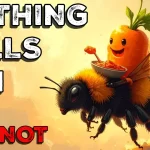 A joyful anthropomorphic carrot riding a large bumblebee in flight, holding a bowl of chili, with the text "Nothing Tells Him He Cannot" overlaid in white and red bold letters, painterly surrealist illustration style