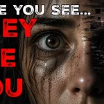 A woman's face split between two realities, one eye normal, the other corrupted and revealing shadowed entities within the iris.