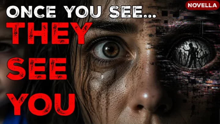 A woman's face split between two realities, one eye normal, the other corrupted and revealing shadowed entities within the iris.