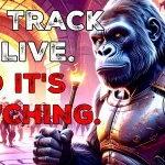 Grim Stoneback, an elderly gorilla warrior in worn fantasy racing armor, stands in a torchlit castle vestibule holding a cane, facing a crowd of racers. Text reads: The track is alive. And it's watching.