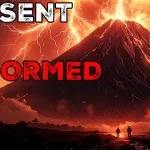 Two silhouettes standing at the base of a massive dark volcanic mountain at night, supernatural lightning storm filling the sky above, copper and red light from the summit, ash in the air. Enoch Wars Chapter 3 The Eye of Sheol