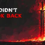 A cloaked figure stands alone before an ancient flaming sword rising from molten rock, fire and red smoke filling the sky, in a scene from He Was Not, a theological dark fiction story from the Enoch Wars series by Apokalypsis Magazine.