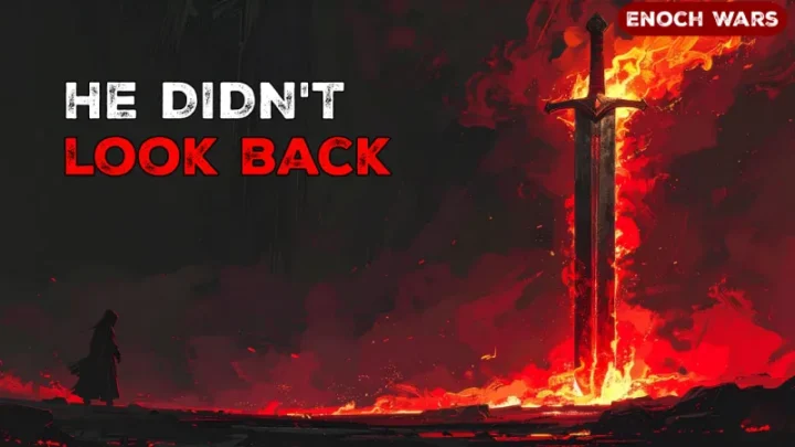 A cloaked figure stands alone before an ancient flaming sword rising from molten rock, fire and red smoke filling the sky, in a scene from He Was Not, a theological dark fiction story from the Enoch Wars series by Apokalypsis Magazine.